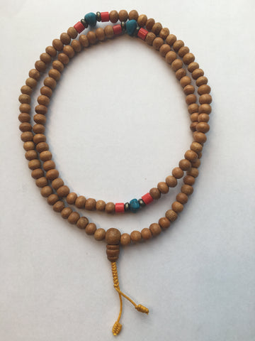 Wood Mala with Turquoise & Coral Beads
